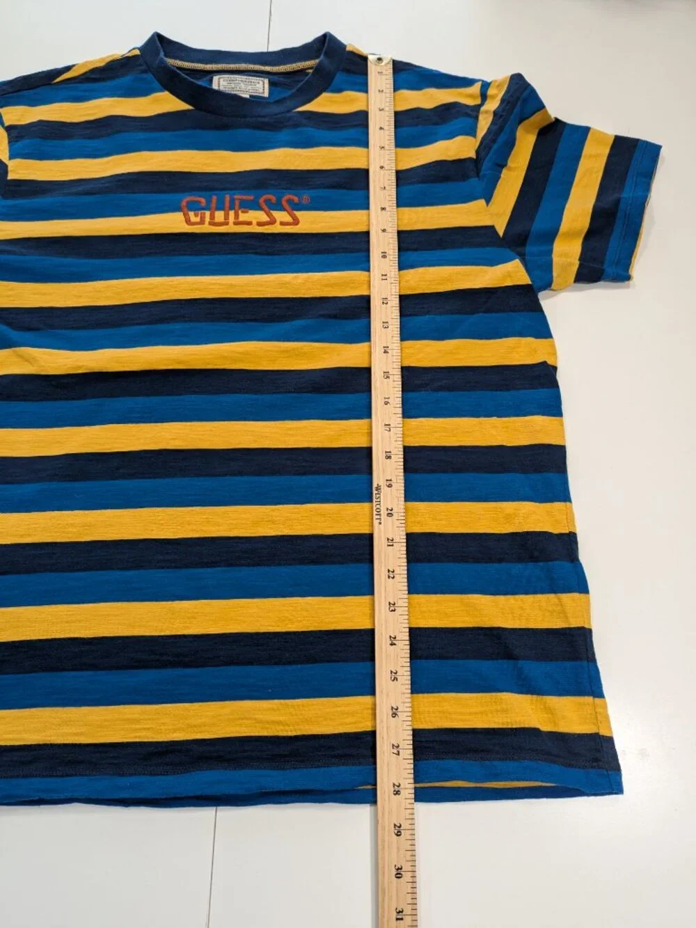 Guess Originals Embroidered Logo Striped Blue and Yellow T-Shirt - Picture 7 of 10